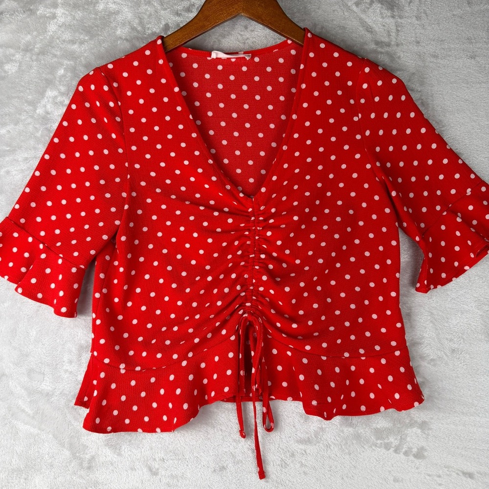 Crop Valentines Top Polka Dot Ruffle Sleeve Cinched Waist Blouse Top XS